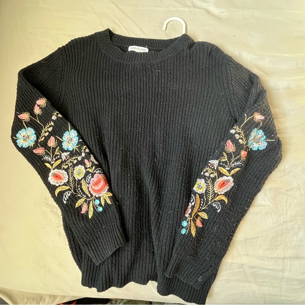 Black Knit sweater with Embroidered floral Sleeve